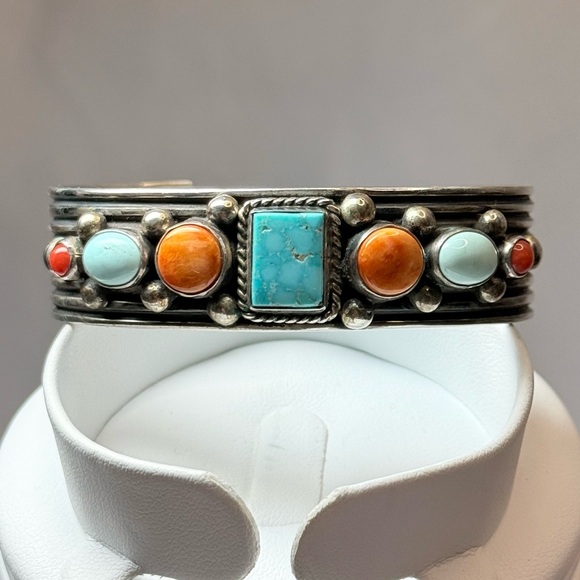 A. Jake Jewelry - A. Jake Navajo Bracelet Turquoise & Coral Stone Sterling Silver Bracelet 7” NWOT